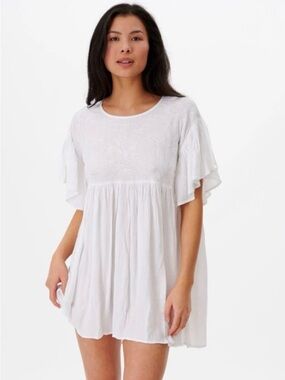 Rip Curl White Embroidered Flutter Sleeve Tunic